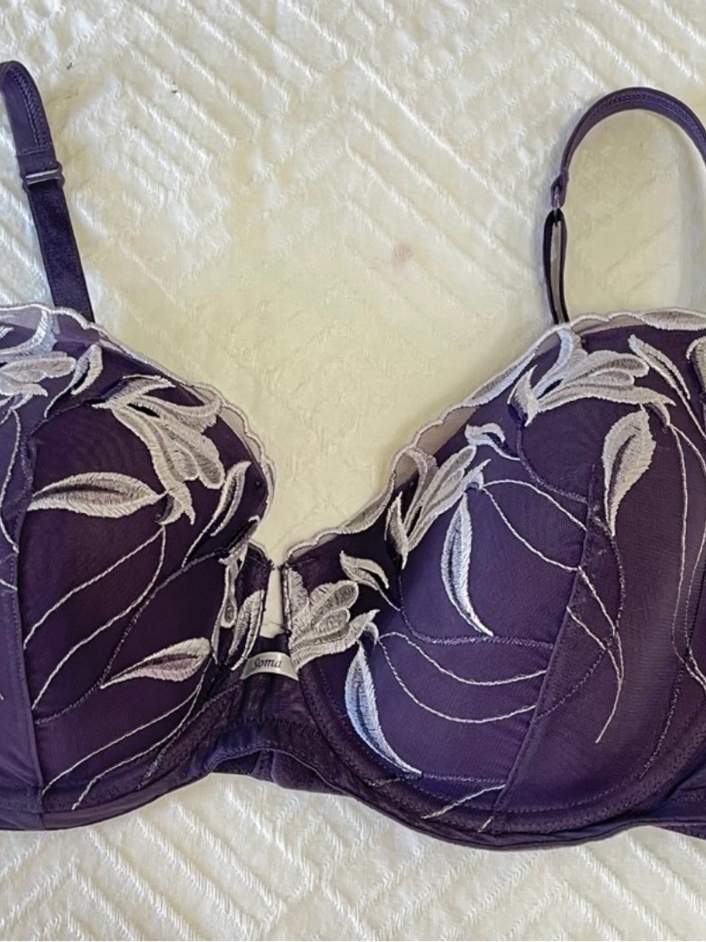Soma Purple Bra with Cream Floral Embroidery